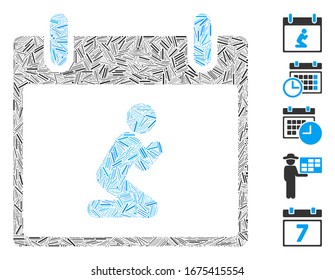 Line Mosaic based on pray person calendar day icon. Mosaic vector pray person calendar day is formed with scattered line items. Bonus icons are added.