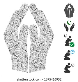 Line Mosaic based on pray hands icon. Mosaic vector pray hands is created with randomized line items. Bonus icons are added.
