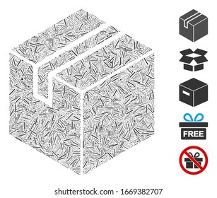 Mosaico de línea basado en el icono del cuadro de paquete de producto. El paquete de producto vector mosaico está diseñado con puntos de línea dispersos. Se agregan iconos de bonificación.