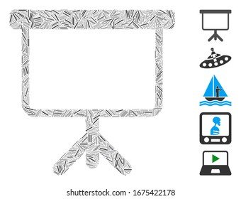 Mosaico de línea basado en el icono de la placa de proyección. La placa de proyección del vector mosaico está formada por elementos de línea aleatoria. Se agregan iconos de bonificación.