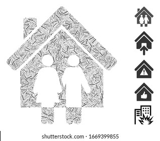 Line Mosaic based on property icon. Mosaic vector property is composed with random line dots. Bonus icons are added.