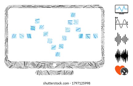 Line Mosaic based on pulse monitoring icon. Mosaic vector pulse monitoring is formed with scattered line elements. Bonus icons are added.
