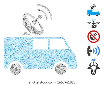 Line Mosaic based on radio control car icon. Mosaic vector radio control car is created with random line dots. Bonus icons are added.