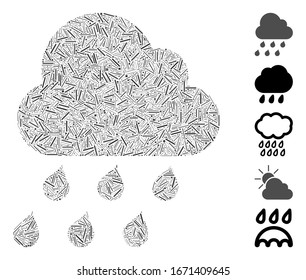 Line Mosaic based on rain cloud icon. Mosaic vector rain cloud is composed with random line items. Bonus icons are added.