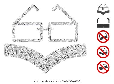 Line Mosaic based on reading glasses icon. Mosaic vector reading glasses is composed with random line items. Bonus icons are added.