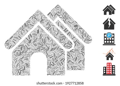 Mosaico de línea basado en el icono inmobiliario. Los bienes inmuebles vectoriales de mosaico se forman con artículos de línea aleatoria. Se agregan iconos de bonificación.