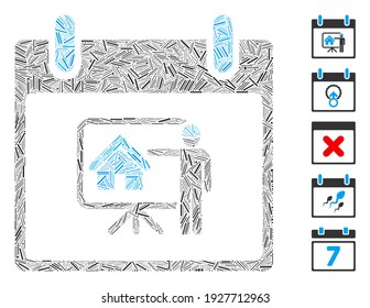 Line Mosaic basierend auf dem Realty Developer Kalender Tag Symbol. Der Mosaik Vektor Realty Developer Kalender Tag ist mit verstreuten Zeilenpunkten zusammengestellt. Bonussymbole werden hinzugefügt.