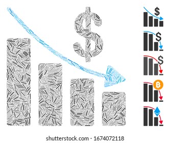 Line Mosaic based on recession icon. Mosaic vector recession is formed with randomized line items. Bonus icons are added.