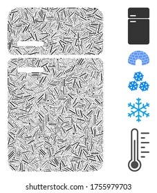 Mosaico de línea basado en el icono del refrigerador. El refrigerador vectorial mosaico se crea con puntos de línea aleatorios. Se agregan iconos de bonificación.