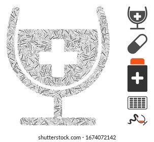 Line Mosaic based on remedy syrup glass icon. Mosaic vector remedy syrup glass is designed with randomized line spots. Bonus icons are added.