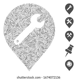 Mosaico de línea basado en el icono del marcador de reparación. El marcador de reparación de vectores mosaicos se compone de elementos de línea aleatorizados. Se agregan iconos de bonificación.