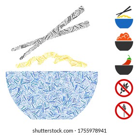 Line Mosaic based on rice porridge icon. Mosaic vector rice porridge is composed with random line elements. Bonus icons are added.