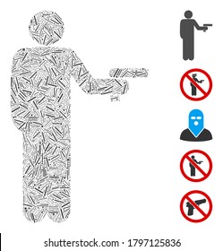 Line Mosaic based on robber with gun icon. Mosaic vector robber with gun is formed with scattered line items. Bonus icons are added.