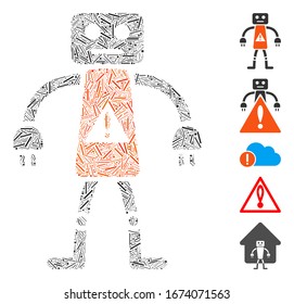 Mosaico de línea basado en el icono de peligro robot. El peligro del robot vector mosaico se crea con elementos de línea dispersos. Se agregan iconos de bonificación.
