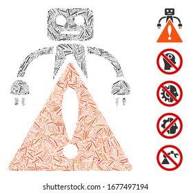 Line Mosaic basierend auf Roboterwarnsymbol. Die Mosaik-Vektorillustration-Roboterwarnung ist mit verstreuten Streckenelementen konzipiert. Bonussymbole werden hinzugefügt.
