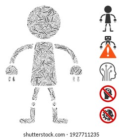 Mosaico de línea basado en el icono del robot. El robot vector mosaico se crea con elementos de línea aleatoria. Se agregan iconos de bonificación.