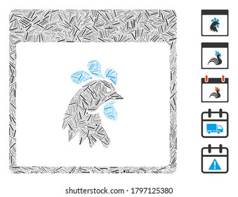 Line Mosaic based on rooster head calendar page icon. Mosaic vector rooster head calendar page is created with randomized line elements. Bonus icons are added.