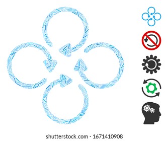 Line Mosaic based on rotation icon. Mosaic vector rotation is formed with scattered line elements. Bonus icons are added.