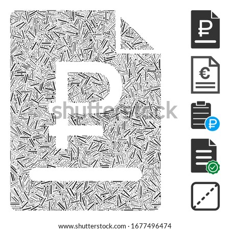 Line Mosaic based on rouble bill icon. Mosaic vector rouble bill is formed with random line items. Bonus icons are added.