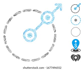 Line Mosaic based on round area exit icon. Mosaic vector round area exit is created with scattered line spots. Bonus icons are added.