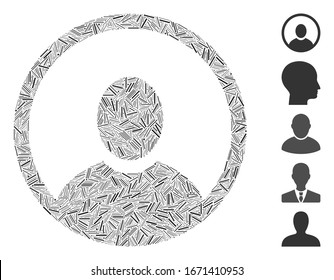 Line Mosaic based on rounded user portrait icon. Mosaic vector rounded user portrait is formed with random line dots. Bonus icons are added.