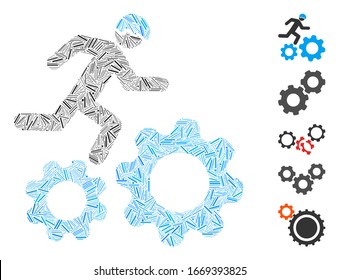 Line Mosaic based on running developer over gears icon. Mosaic vector running developer over gears is formed with randomized line items. Bonus icons are added.