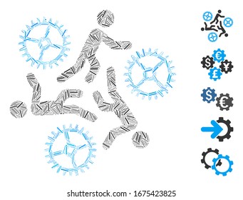 Line Mosaic based on running persons for gears icon. Mosaic vector running persons for gears is created with randomized line dots. Bonus icons are added.