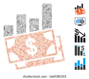 Line Mosaic based on sales bar chart icon. Mosaic vector sales bar chart is designed with scattered line dots. Bonus icons are added.