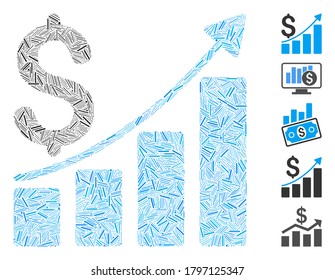 Line Mosaic based on sales growth chart icon. Mosaic vector sales growth chart is composed with random line elements. Bonus icons are added.