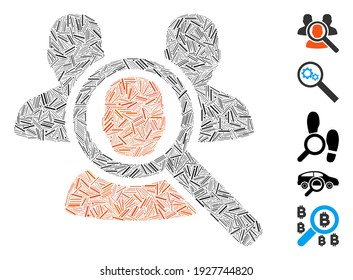 Line Mosaic based on search patient icon. Mosaic vector search patient is composed with random line elements. Bonus icons are added.