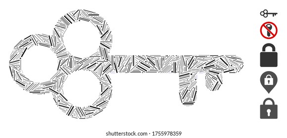 Line Mosaic based on secret key icon. Mosaic vector secret key is created with random line spots. Bonus icons are added.