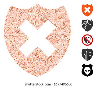 Mosaico de línea basado en el icono de error de escudo de seguridad. El escudo de seguridad del vector mosaico se crea con elementos de línea dispersos. Se agregan iconos de bonificación.