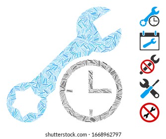 Mosaico de línea basado en el icono de tiempo de servicio. El tiempo de servicio de vector mosaico se compone de elementos de línea aleatoria. Se agregan iconos de bonificación.