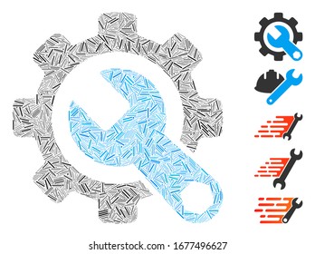 Mosaico de línea basado en el icono de herramientas de servicio. Las herramientas de servicio de vector mosaico se forman con elementos de línea dispersos. Se agregan iconos de bonificación.