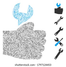 Mosaico de línea basado en el icono de la mano de servicio. La mano de servicio de vector mosaico se crea con puntos de línea aleatorizados. Se agregan iconos de bonificación.