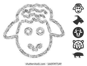Mosaico de línea basado en el icono de cabeza de oveja. La cabeza de oveja vectorial mosaico se forma con puntos de línea aleatoria. Se agregan iconos de bonificación.