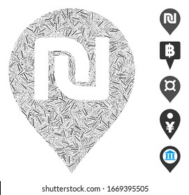 Line Mosaic based on shekel map marker icon. Mosaic vector shekel map marker is composed with scattered line dots. Bonus icons are added.