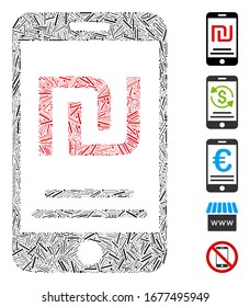 Line Mosaic basiert auf Shekel Mobile Payment Symbol. Mosaik Vektorillustration schekel mobile Zahlung ist mit Zufallselementen gebildet. Bonussymbole werden hinzugefügt.