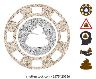 Line Mosaic based on shit casino chip icon. Mosaic vector shit casino chip is composed with scattered line spots. Bonus icons are added.