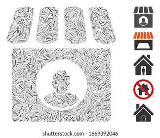 Mosaico de línea basado en el icono del vendedor de tienda. El vendedor de vectores mosaicos se crea con puntos de línea dispersos. Se agregan iconos de bonificación.