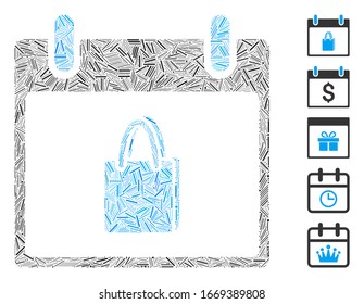 Line Mosaic based on shopping bag calendar day icon. Mosaic vector shopping bag calendar day is created with random line items. Bonus icons are added.