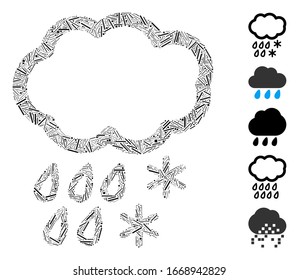 Mosaico de línea basado en el icono de nube de trineos. La nube de trineos vectoriales mosaicos está compuesta por puntos de línea aleatorizados. Se agregan iconos de bonificación.
