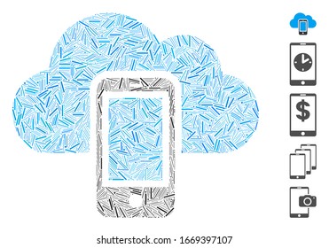 Line Mosaic based on smartphone icon. Mosaic vector smartphone is composed with scattered line dots. Bonus icons are added.