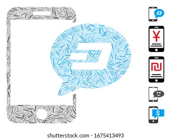 Line Mosaic based on smartphone Dash message icon. Mosaic vector smartphone Dash message is designed with random line dots. Bonus icons are added.