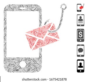 Mosaico de línea basado en el icono de phishing de mensajes de smartphone. El phishing de mensajes de smartphone vector mosaico está compuesto por elementos de línea dispersos. Se agregan iconos de bonificación.
