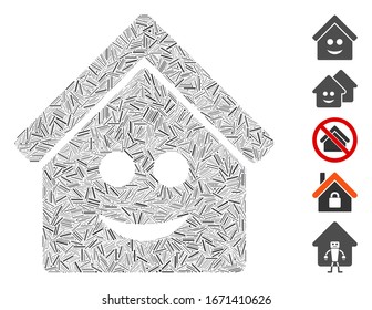 Line Mosaic based on smile home icon. Mosaic vector smile home is formed with randomized line dots. Bonus icons are added.