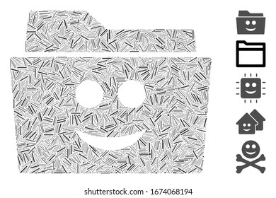 Line Mosaic based on smile folder icon. Mosaic vector smile folder is formed with scattered line spots. Bonus icons are added.