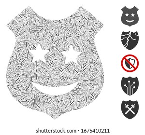 Line Mosaic based on smile police shield icon. Mosaic vector smile police shield is created with random line elements. Bonus icons are added.