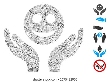 Line Mosaic based on smile care hands icon. Mosaic vector smile care hands is formed with randomized line dots. Bonus icons are added.