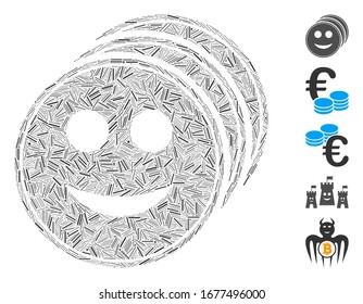 Line Mosaic based on smile coins icon. Mosaic vector smile coins is created with scattered line spots. Bonus icons are added.